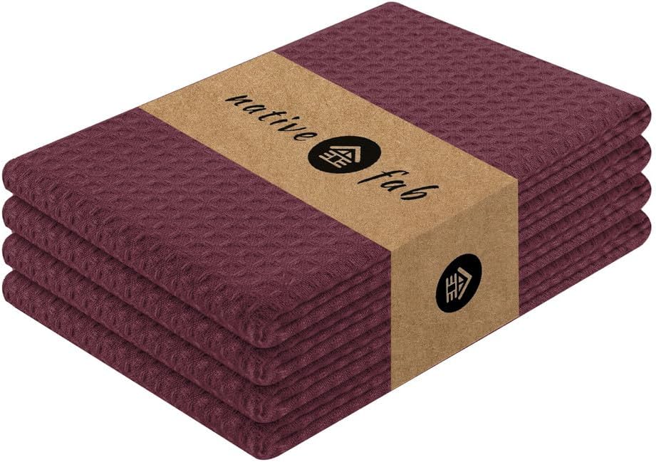 Native Fab Cotton Kitchen Towel with Hanging Loop 16x26 inches, 4-Pack, Waffle Weave Kitchen Towels for Cleaning Drying, Washcloths Soft & Absorbent Cloth Rags, Bar Towel, Dish Cloth, Burgundy Wine