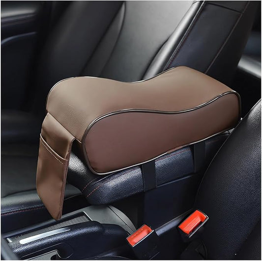 Car Armrest Cushion, Soft Memory Foam Auto Armrest Pillow with Storage Bag, Leather Center Console Arm Rest Padded Cushion with Phone Holder, Universal Car Accessories (Coffee)