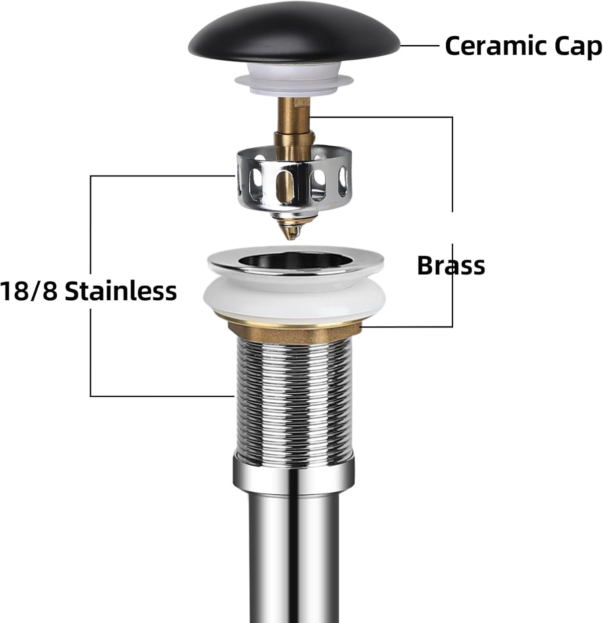 Bathroom Sink Drain Without Overflow, Ceramic Cap Pop Up Drain Stopper, Rustproof Brass and 304 Stainless Steel, Black