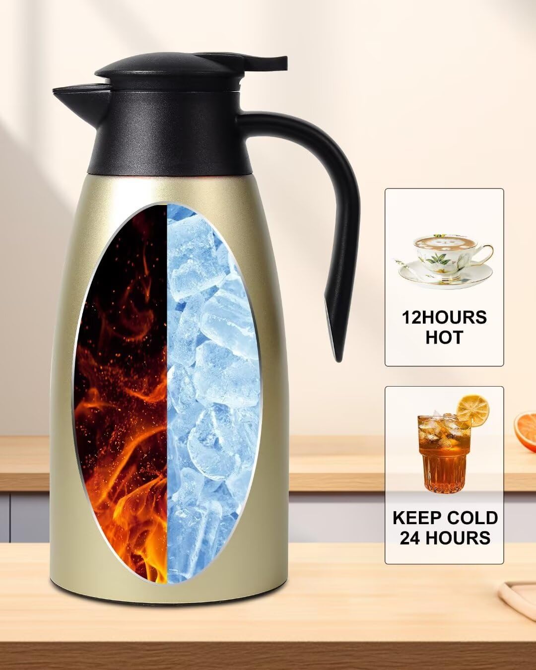 1.9L Thermal Coffee Carafe for keeping hot, Carafe for hot liquid, Airpot Insulated Coffee Carafe Stainless Steel Vacuum Thermal Pot for Coffee, Hot Water, Tea, Keep Hot 24 Hours (2 gold)