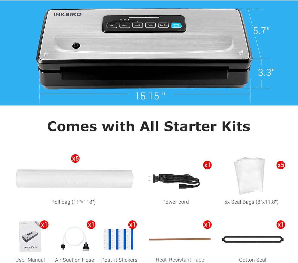 INKBIRD Vacuum Sealer Machine with 5 Vacuum Seal Rolls(Total to 110ft) and 8''*12'' Food Sealer Bags*5, Compact Food Sealer Machine with 10-In-1 Easy Option for Food Preservation,Sous Vide