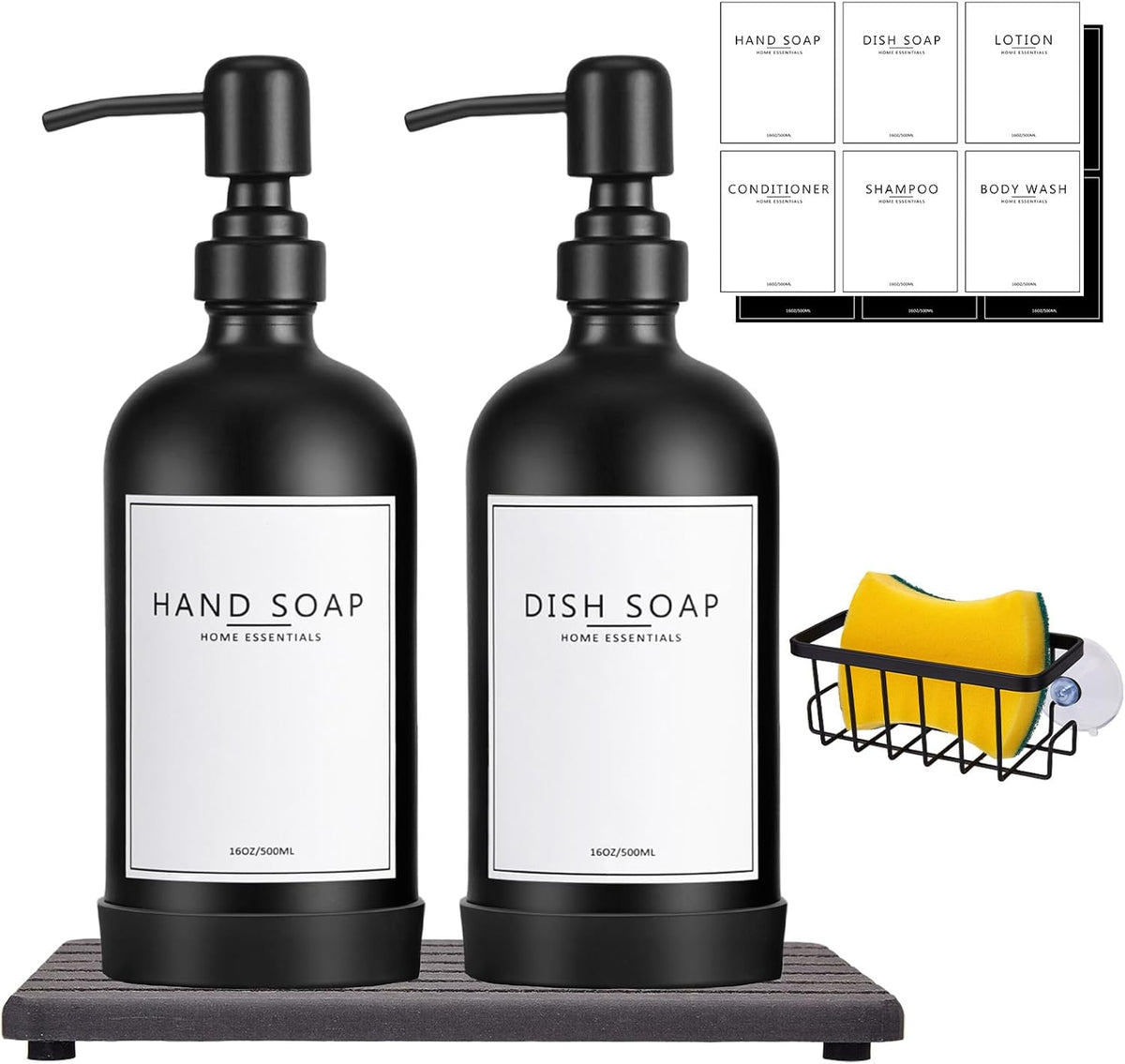 Kitchen Soap Dispenser Set with Instant Dry Tray & Sponge Holder,16 Oz Hand and Dish Soap Black Glass Dispenser Set,Stainless Steel Pump,Waterproof Labels,Luxury Soap Bottle for Bathroom