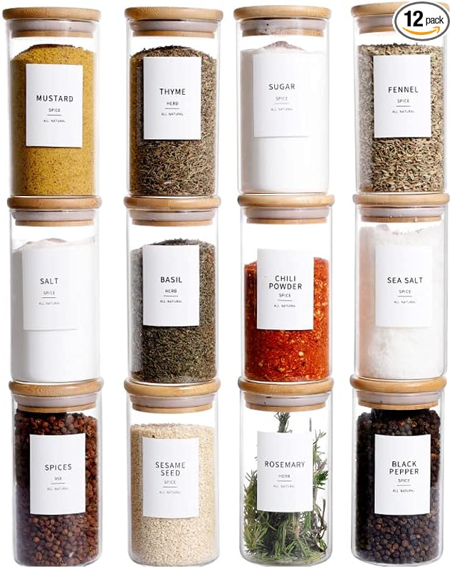 12 Pcs Glass Spice Jars With Bamboo Airtight Lids, 8oz Thicken(2.4mm) Spice Containers With 148 Minimalist Preprinted Waterproof Spice Labels, Kitchen Empty Small Storage Jars For Seasoning, Herb
