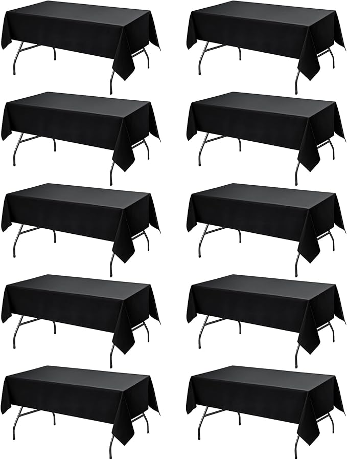 10-Pack Black Tablecloths for Rectangle Tables, 60 x 84 Inches, Stain-Resistant Polyester Fabric for 4 Foot Tables - Washable Table Covers for Weddings, Banquets, Birthday Parties, Events