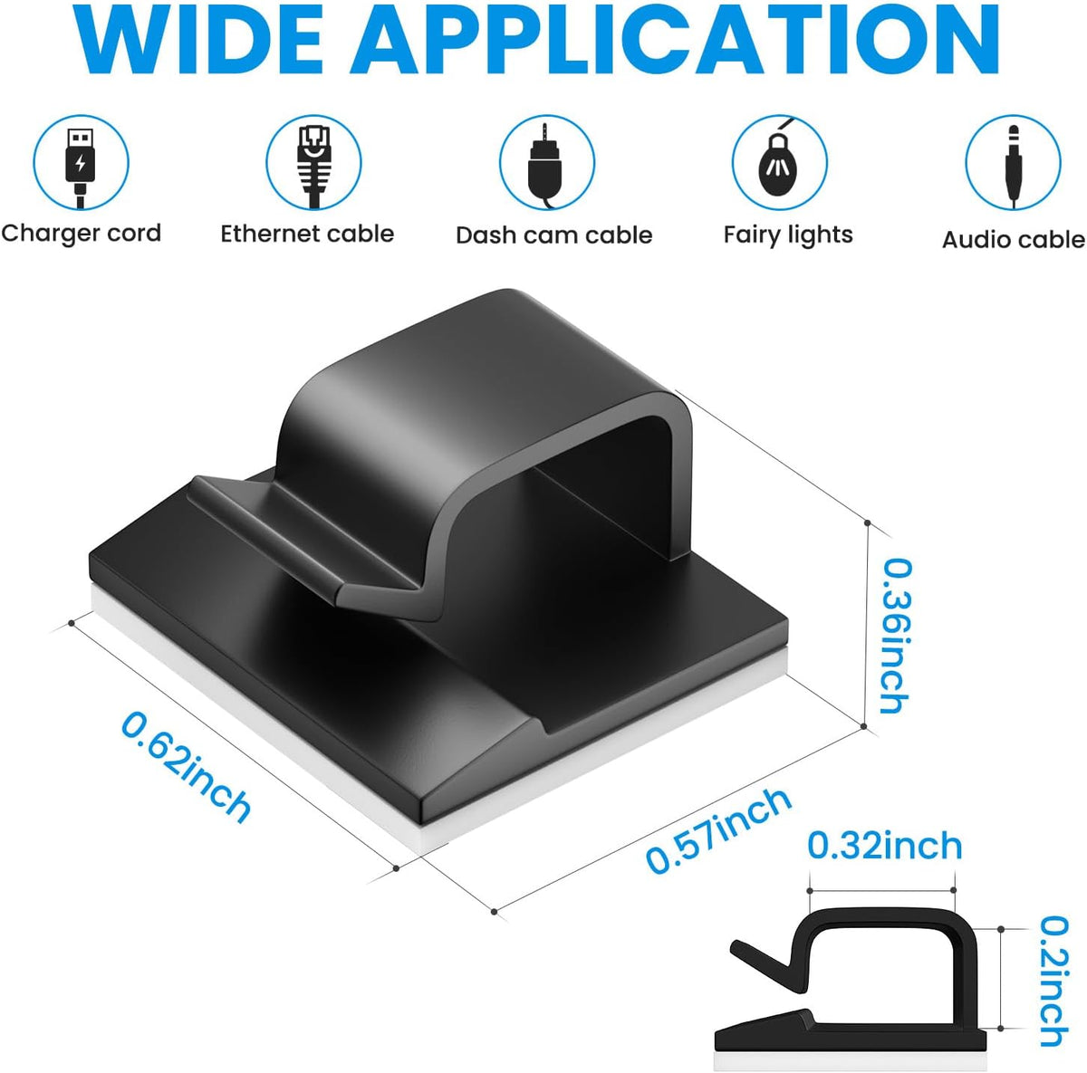 100 PCS Adhesive Cable Clips Black (50 Small & 50 Large), Cable Management Under Desk, Cable Wall Clip, Wire Clips for Cords of Car Dash Cam, HDMI, Extension Cord, TV PC Phone USB Ethernet Coax