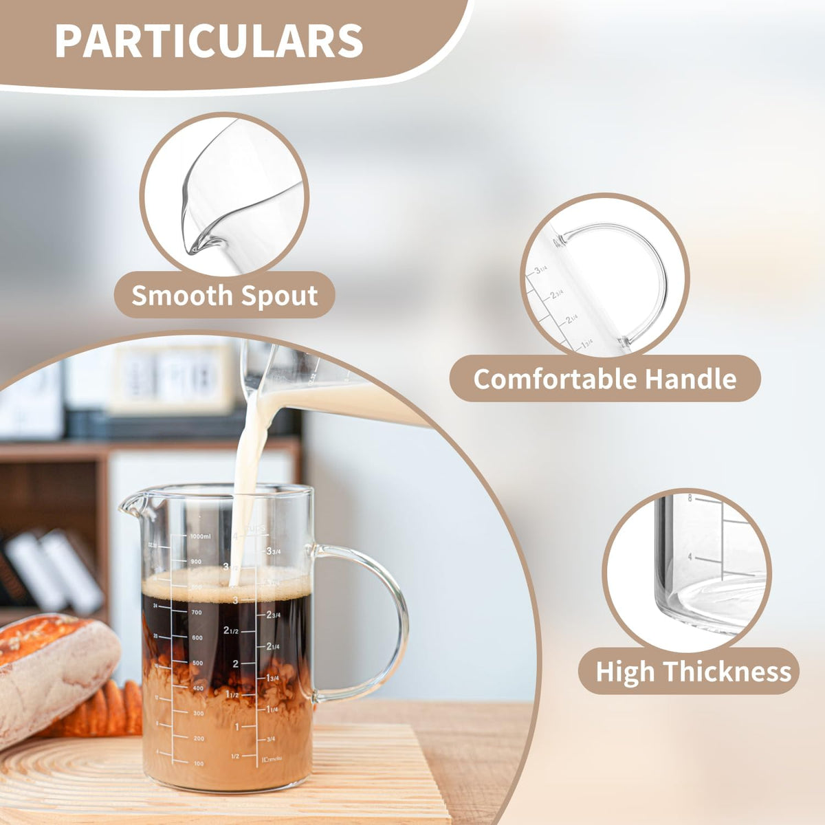 BCnmviku Glass Measuring Cup, Insulated handle, V-Shaped Spout, High Borosilicate Glass Measuring Cup 1000ML、 /1 Liter, 4 Cup for Kitchen or Restaurant, Easy To Read (1000ml-1pcs)
