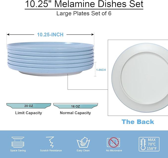 Webbylee 10.25" Melamine Dinner Plates Set of 6 - Durable Serving Dishes Perfect for Kitchen Outdoor Use, Dishwasher Safe,Scratch Resistant-Blue & Beige