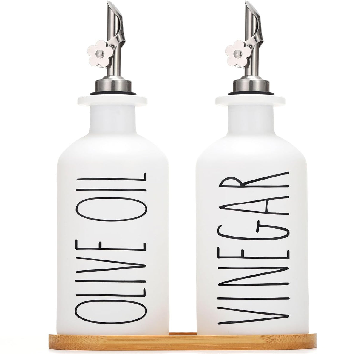 HOMCDALY Premium Olive Oil Dispenser for Kitchen, 11.8oz Glass Oil Bottles with Bamboo Tray, White Oil&Vinegar Cruet Set, Kitchen Dispenser Bottles with Pourer| Set of 2 (11.8oz –P–White)