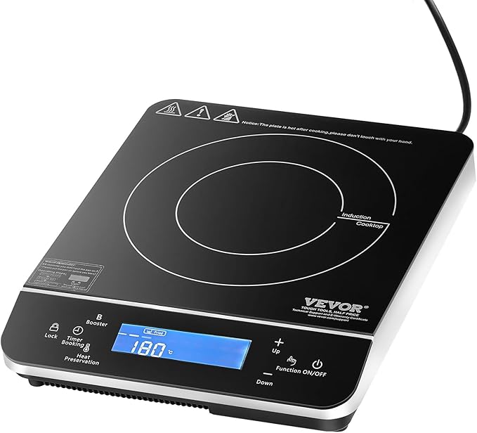 VEVOR Portable Induction Cooktop, 1500W Electric Induction Burner with 9 Temperature Settings, Countertop Induction Hot Plate with 4H Timer, 24H Reservation, Child Lock, Easy to Clean, for Cooking