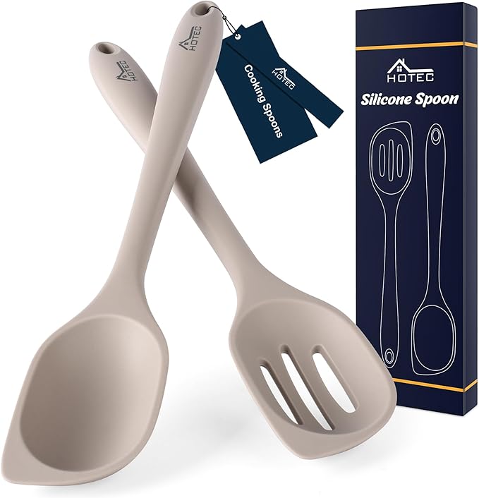 HOTEC Heat Resistant Silicone Cooking Spoon Spatula, Large Kitchen Solid and Slotted Spoons for Mixing, Serving, Scraping, Non-stick, Dishwasher Safe Khaki 12.5inch