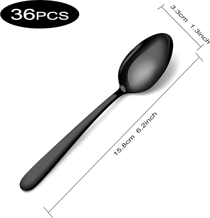 Pleafind 36 Pieces Black Teaspoons Set - 6.2 inch, Spoon Silverware, Stainless Steel Tea Spoons, Mirror Polished Small Teaspoon, Dessert Spoons for Home, Kitchen, Restaurant, Dishwasher Safe