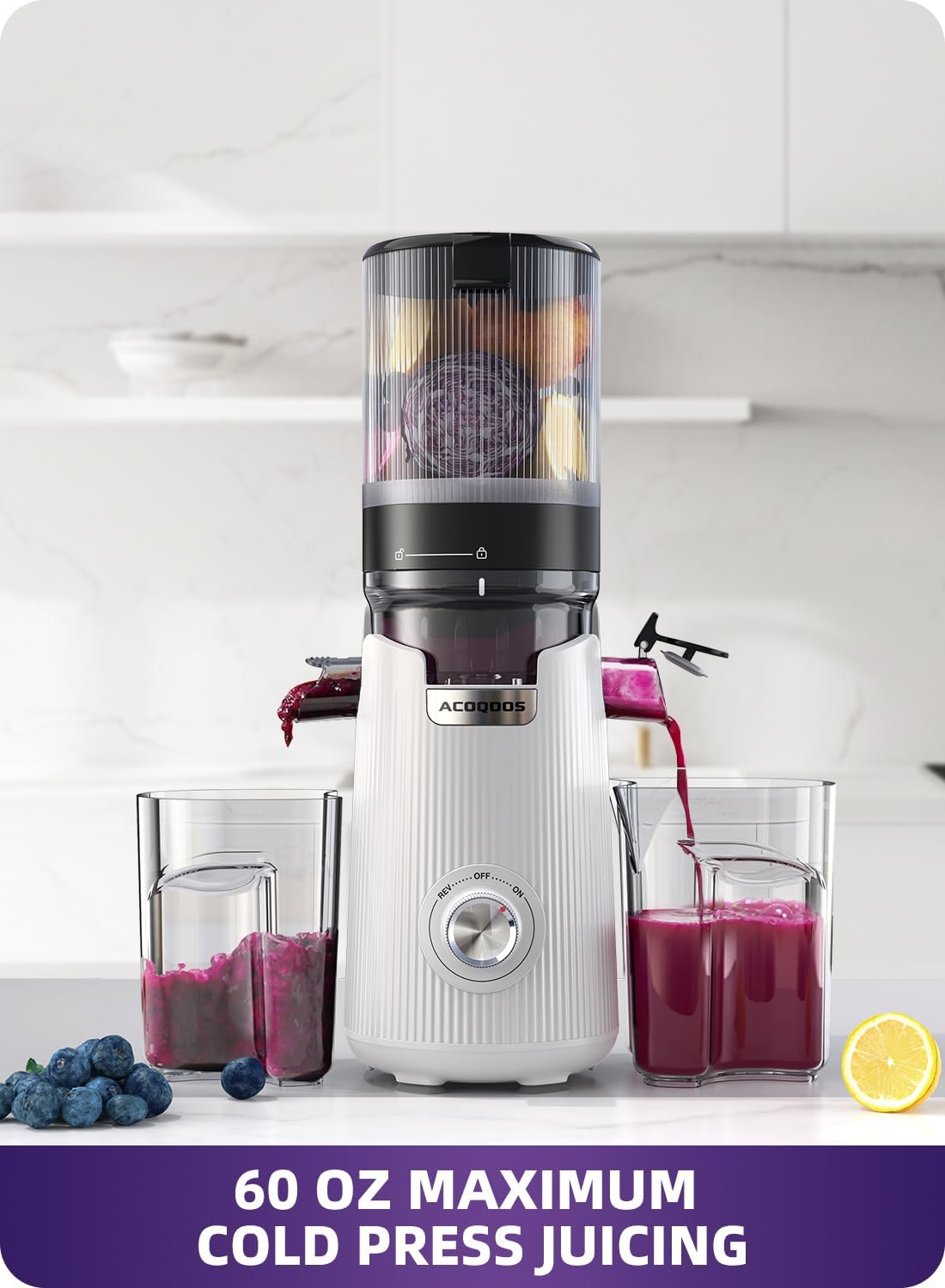 ACOQOOS Juicer Machines, Cold Press Juicer Whole Fruit and Vegetable with 5.3" Wider and Larger Feeding Chute (Capacity 1.8L), Easy to Clean Juicers with 2 Cups, Masticating Juicer White