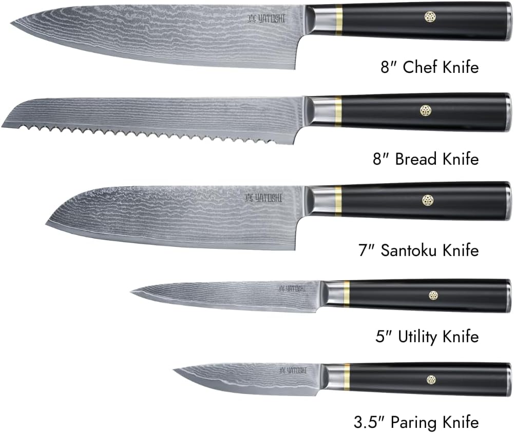 Yatoshi Knives Magnetic Kitchen Knife Block Set - Japanese 67 Layer High-Grade VG-10 Steel Knives, Sharp, G10 Handle Professional Kitchen Knife Set - Black Damascus (6 pieces)