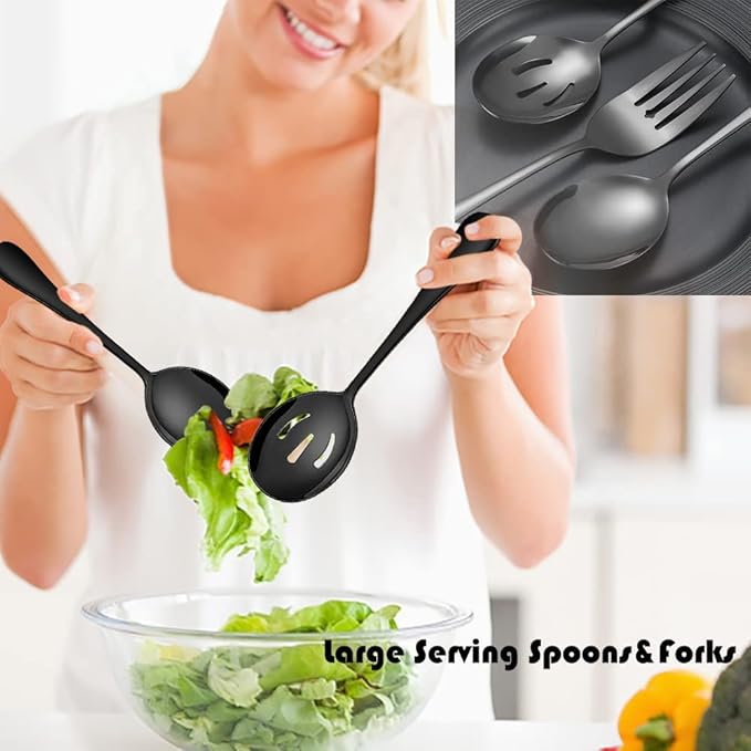 11 PCS Serving Utensils, Large Stainless Steel Spoons Forks Tongs, Pie Server, Great for Hostess Buffet Catering Banquet Party, Black