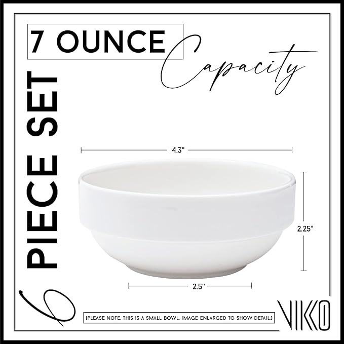 Vikko Small 7 Ounce White Bowl, Set of 6 White Dessert Bowls, Fine Porcelain, Stackable Small Snack Bowl, Dishwasher Safe