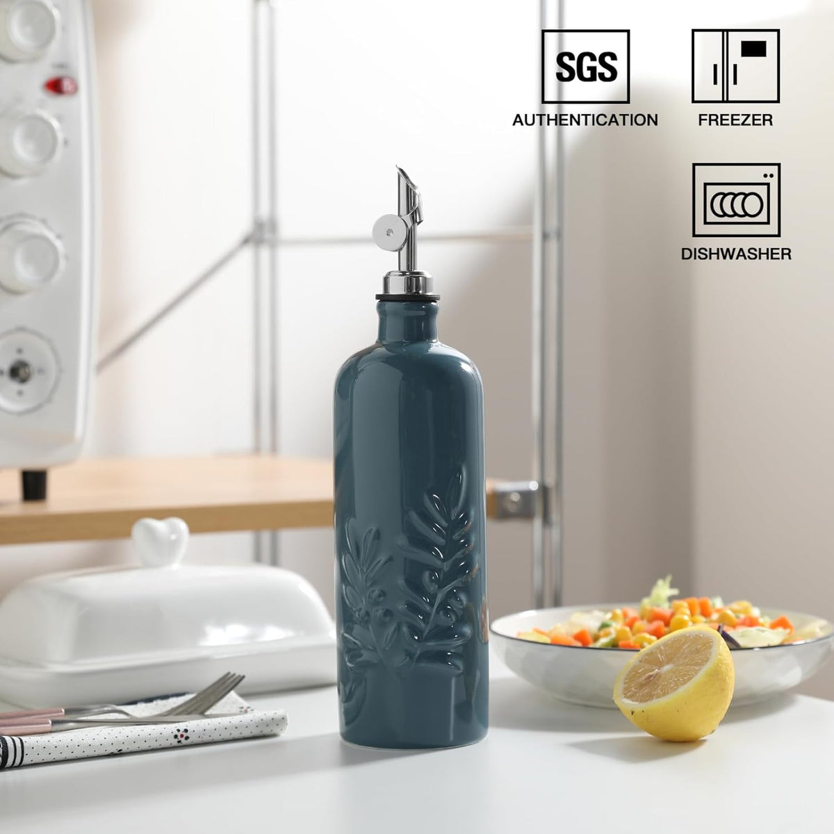 Sweejar 18 Oz Oil Dispenser for Kitchen with Gravity Spout, Ceramic Olive Oil Dispenser Bottle, Relief Opaque Vinegar Container for Evoo, Vinegar, Soy Sauce, Pack of 1(Fogblue, Silver Spout)