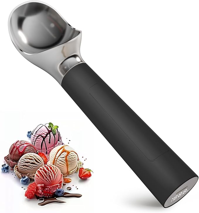 Heated Ice Cream Scoop, Electric Scooper for Hard IceCream, Self Warming Spoon Max to 158℉, Rechargeable Battery, Rust-Proof Metal, Easy to Clean(Black)