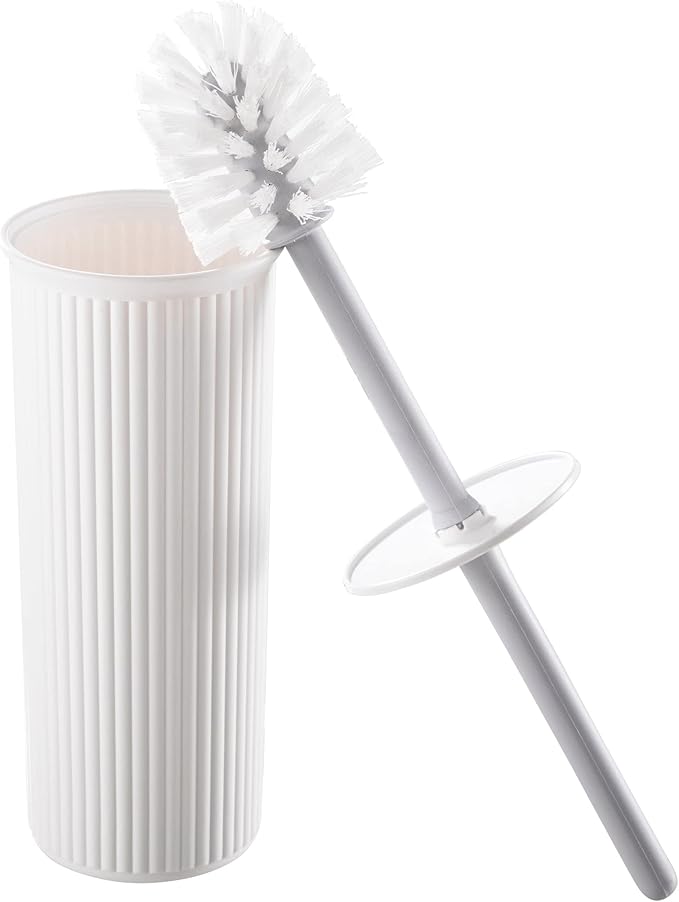 Superio Ribbed Collection - Decorative Plastic Toilet Bowl Brush and Holder Set, White (1 Pack) Cleaner Scrubber for Bathroom
