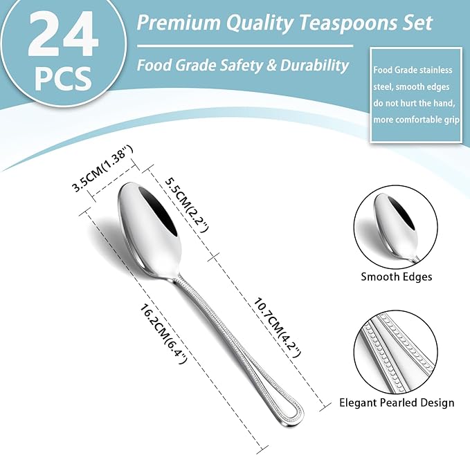 24 Pieces Teaspoons Set, 6.4 Inches Spoon Set, Stainless Steel Silverware, Small Spoons with Pearl Dot Design Handle, Dishwasher Safe, Tea Spoons Suitable for Home and Restaurant