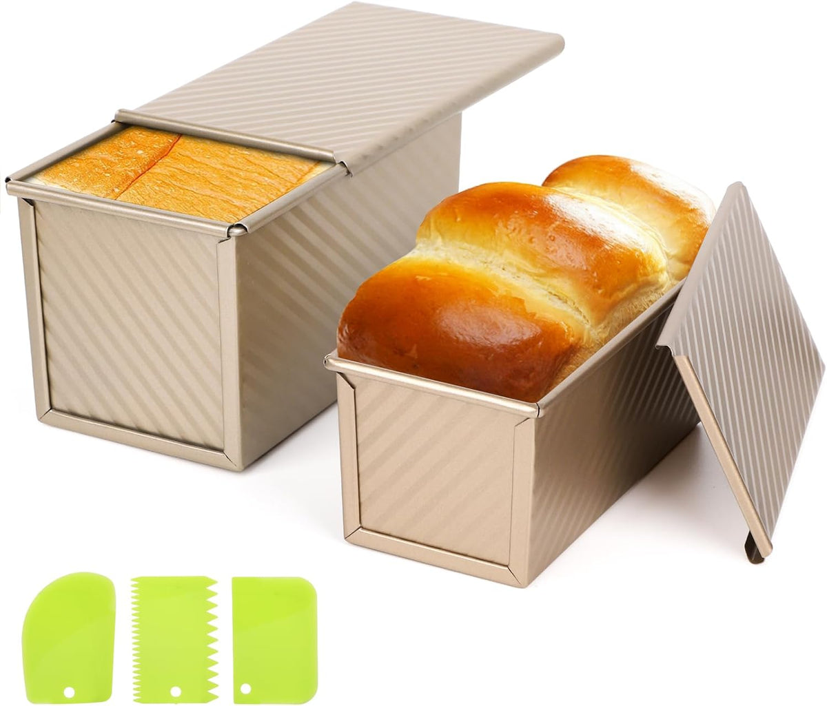 Beasea Pullman Loaf Pan with Lid, 2 Pack Non-Stick Bread Loaf Pans 1 lb & 0.5 lb Carbon Steel Bread Toast Box with Dough Scraper for Homemade Bread Toast Oven Baking - Gold