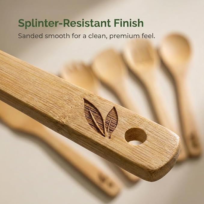 Dishwasher Safe Bamboo Wooden Spoons for Cooking 6-Piece – Kitchen Gadgets Wooden Cooking Utensils Set – Premium Kitchen Utensils Set – Easy to Clean, Perfect for Non-Stick Cookware