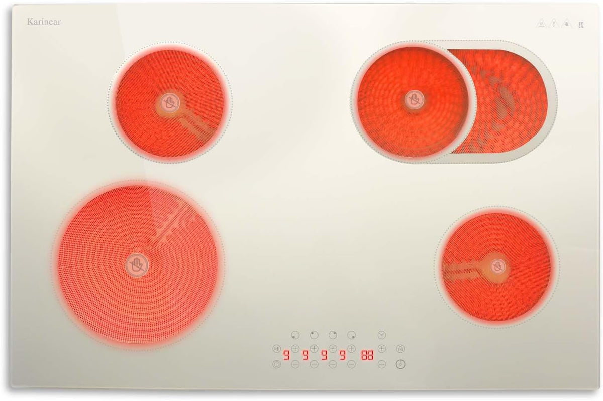 Karinear 30 Inch Electric Cooktop, Beige-gray Glass Electri Cermaic Stove, 4 Burners Electric Stove Top with Expandable Burners, Timer, Child Safety Lock, Pause, 6600W, Drop-in 220V-240V Hardwire
