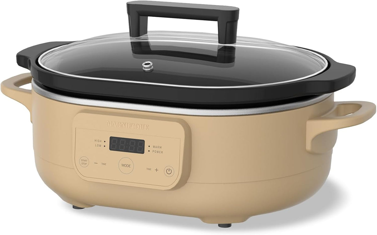 6 Quart Programmable Slow Cooker Removable Healthy Nonstick Crock Pot - Small Kitchen Appliance for Family Dinners - Serves 6+ People - Heat Settings: Keep Warm Brown Brown