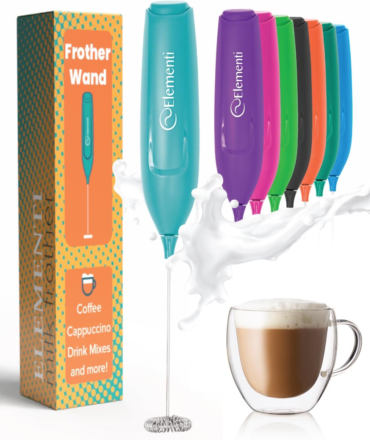 Elementi Powerful Frother Wand – Lightweight Milk Frother & Drink Mixer Handheld, Matcha Whisk for Dreamy Lattes, Powerful Coffee Mixer Wand & Blender Stirrer - Make Creamy Cappuccinos at Home (Teal)