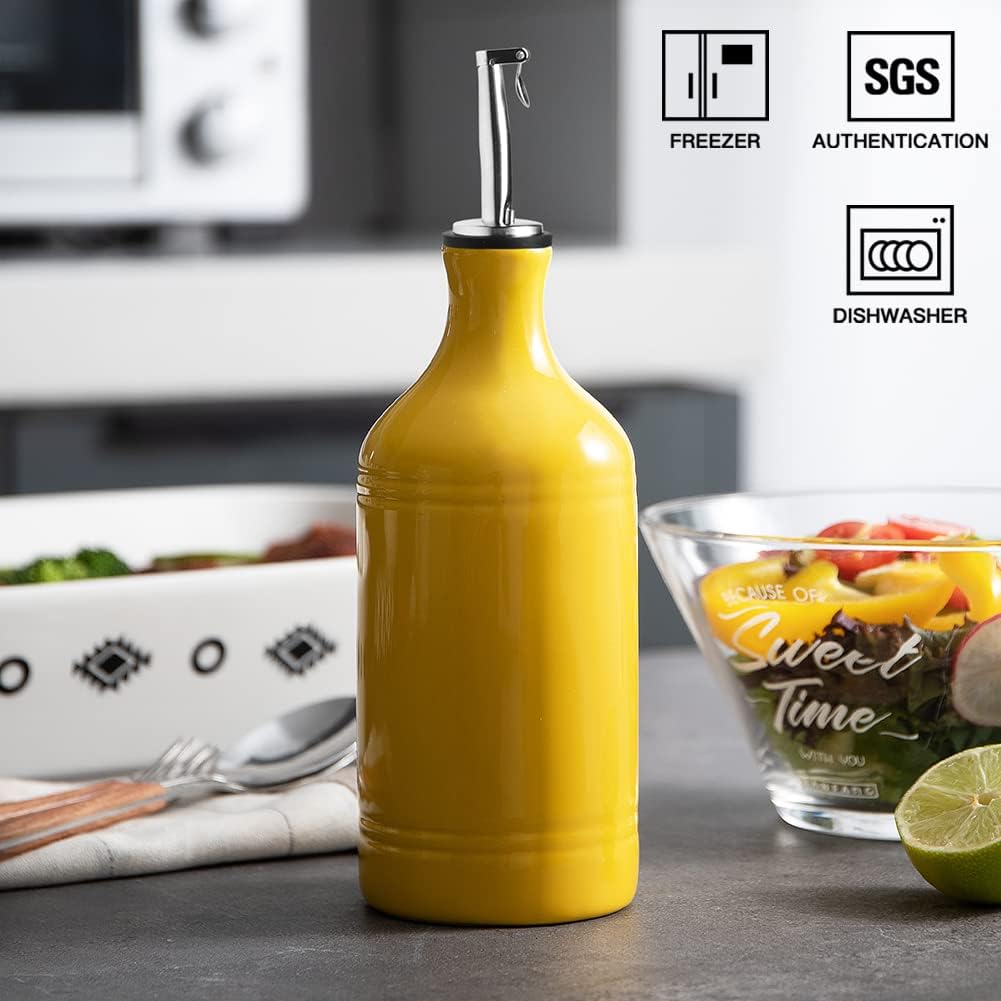Sweejar Ceramic Olive Oil Dispenser Bottle, Opaque Oil Cruet Protects Oil, Suitable for Storage, Pack of 1, 15.5 Fl Oz (Yellow)