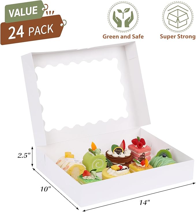 Moretoes 24pcs Bakery Boxes, 14x10x2.5 Inch Treat Boxes with Window for Chocolate Covered Strawberries, Donuts, Pies, Muffins and Pastries (White)