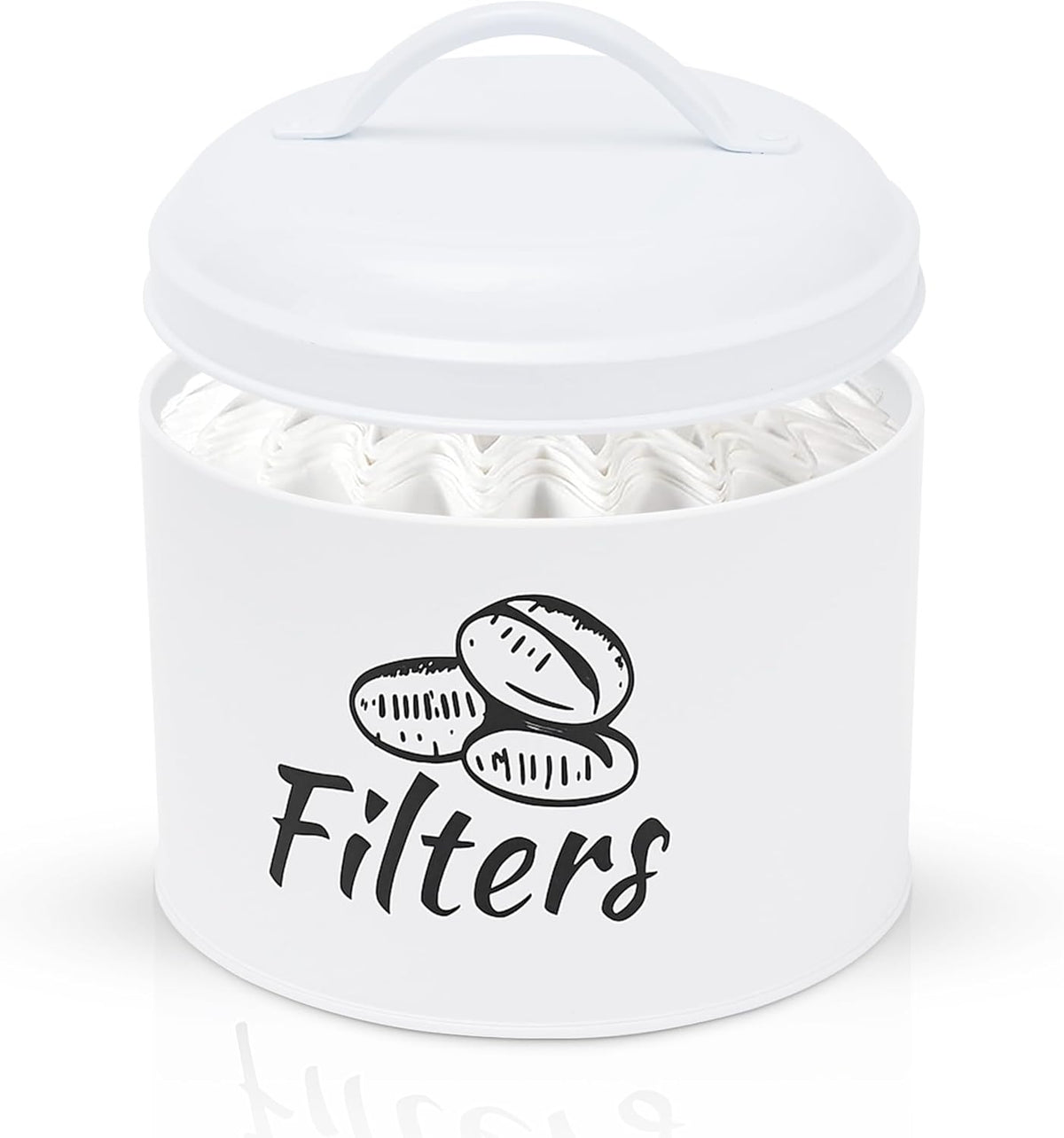 Coffee Filter Holder with Metal Lid – Coffee Filter Container for Countertop – Modern Organizer for Cone Filters – Coffe Bar Accessory for Kitchen Decor (white)