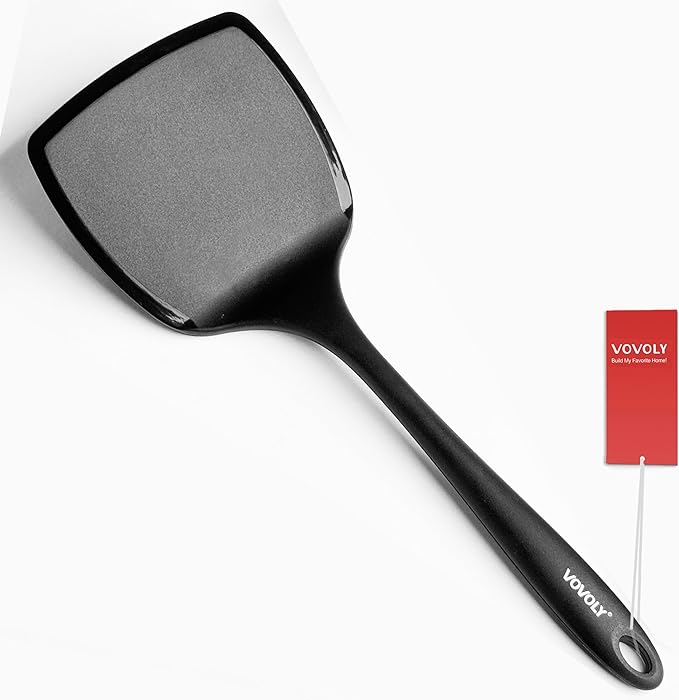 Silicone Pancake Spatula Turner with Lengthened Handle& Seamless Design, Heat Resistant Cooking Spatulas for Nonstick Cookware, Large Flexible Kitchen Utensils, Flipper for Egg, Pancake, Burger, Black