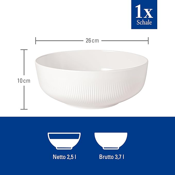 Villeroy & Boch Afina Gourmet Large Serving Bowl, Premium Porcelain, Made in Germany, Dishwasher and Microwave Safe, 10.25x 10.25x 4 in, Stackable, White
