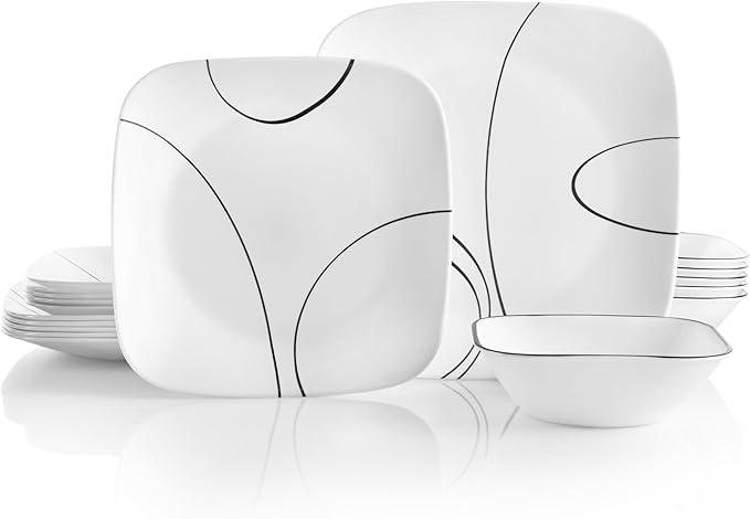 Corelle 18-Piece Service for 6 Dinnerware Set Triple Layer Glass and Chip Resistant, Lightweight Square Plates and Bowls Set, Simple Lines