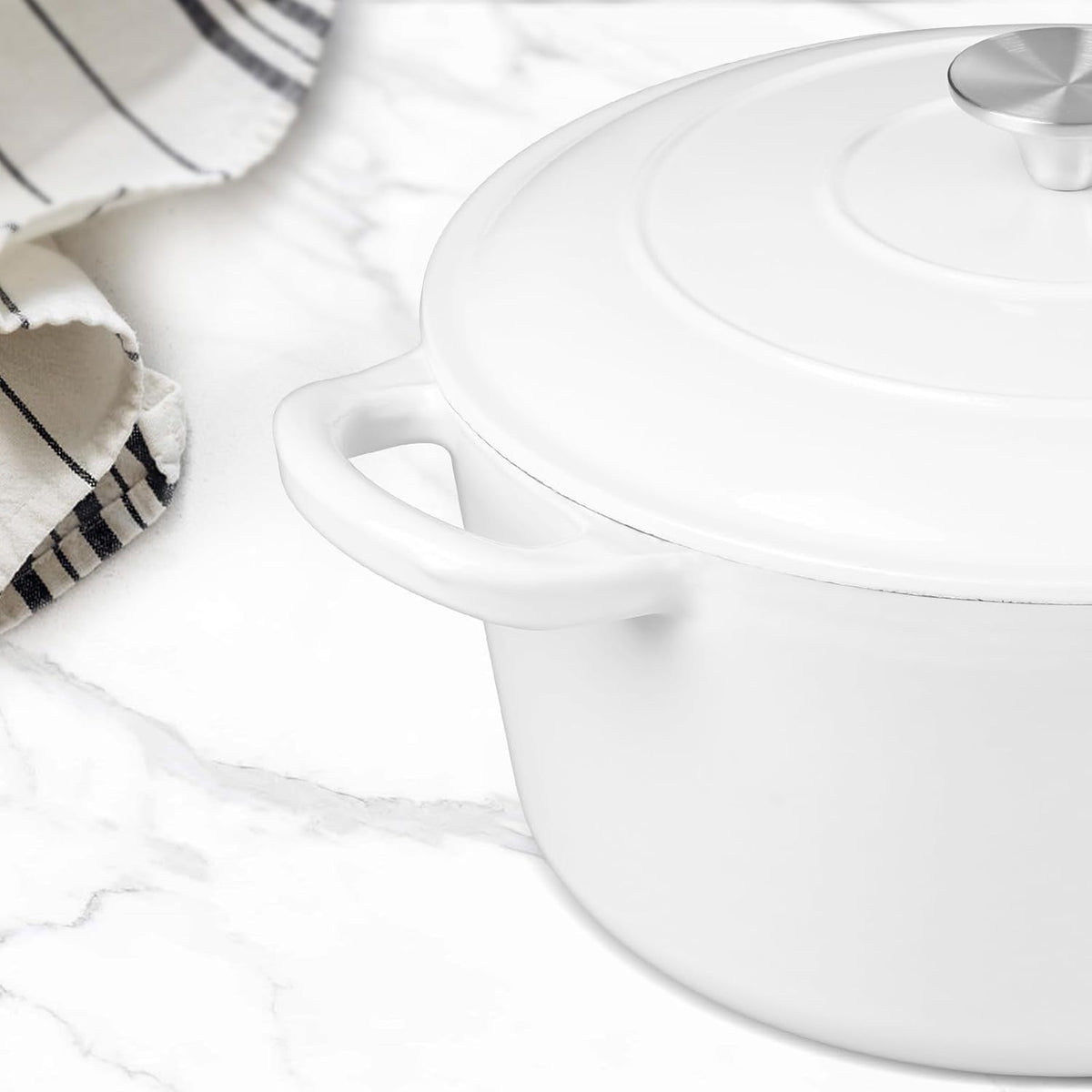 6 Quart Dutch Oven with Lid, Leonyo 6QT Enameled Cast Iron Dutch Oven for Sourdough Bread Baking, Heavy Duty Cookware for Braising, Stews, Roasting, White