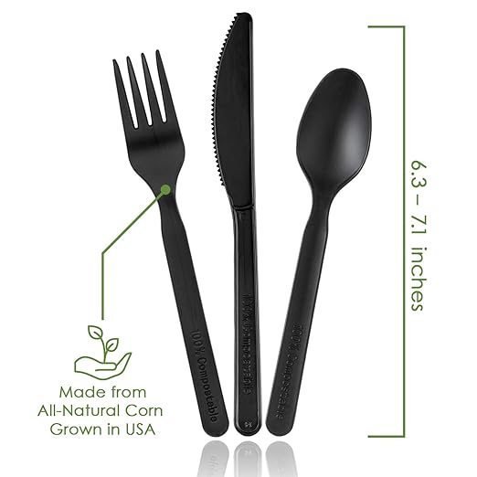 Ecovita 100% Compostable Forks Spoons Knives Cutlery Combo Set - 380 Large Disposable Utensils (7 in.) Eco Friendly Durable and Heat Resistant Alternative to Plastic Silverware with Convenient Tray