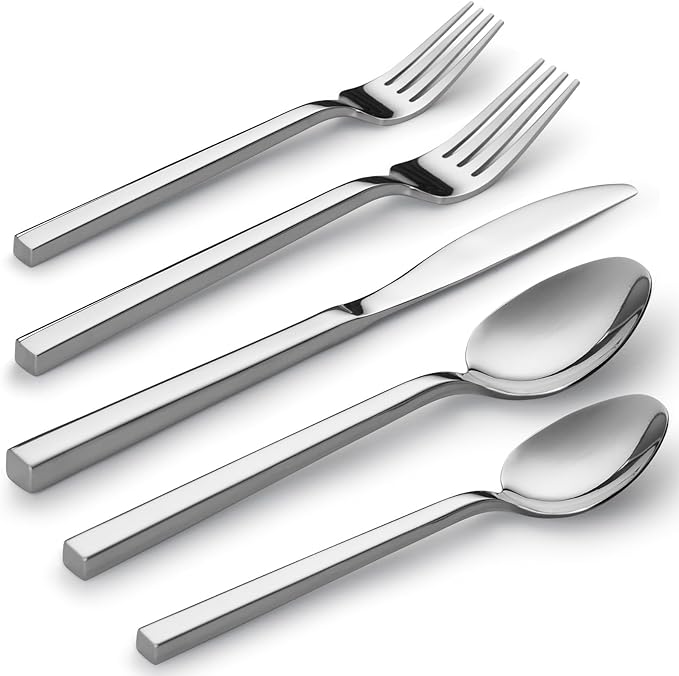Alata Cube 60-Piece Forged Stainless Steel Flatware Set Cutlery Set, Silverware Set Service for 12, Mirror Finish, Dishwasher Safe