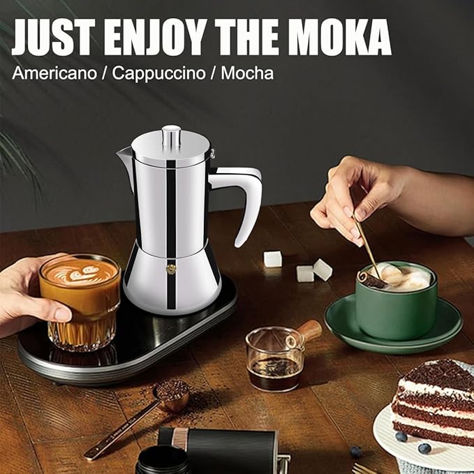 6 Cup Thickened 304 Stainless Steel Moka Pot Stovetop Espresso Maker Cafeteras Italian Percolator Espress Makers Capable Greca Mocha Coffee Machine for Induction Home and Camping 300ml 10oz