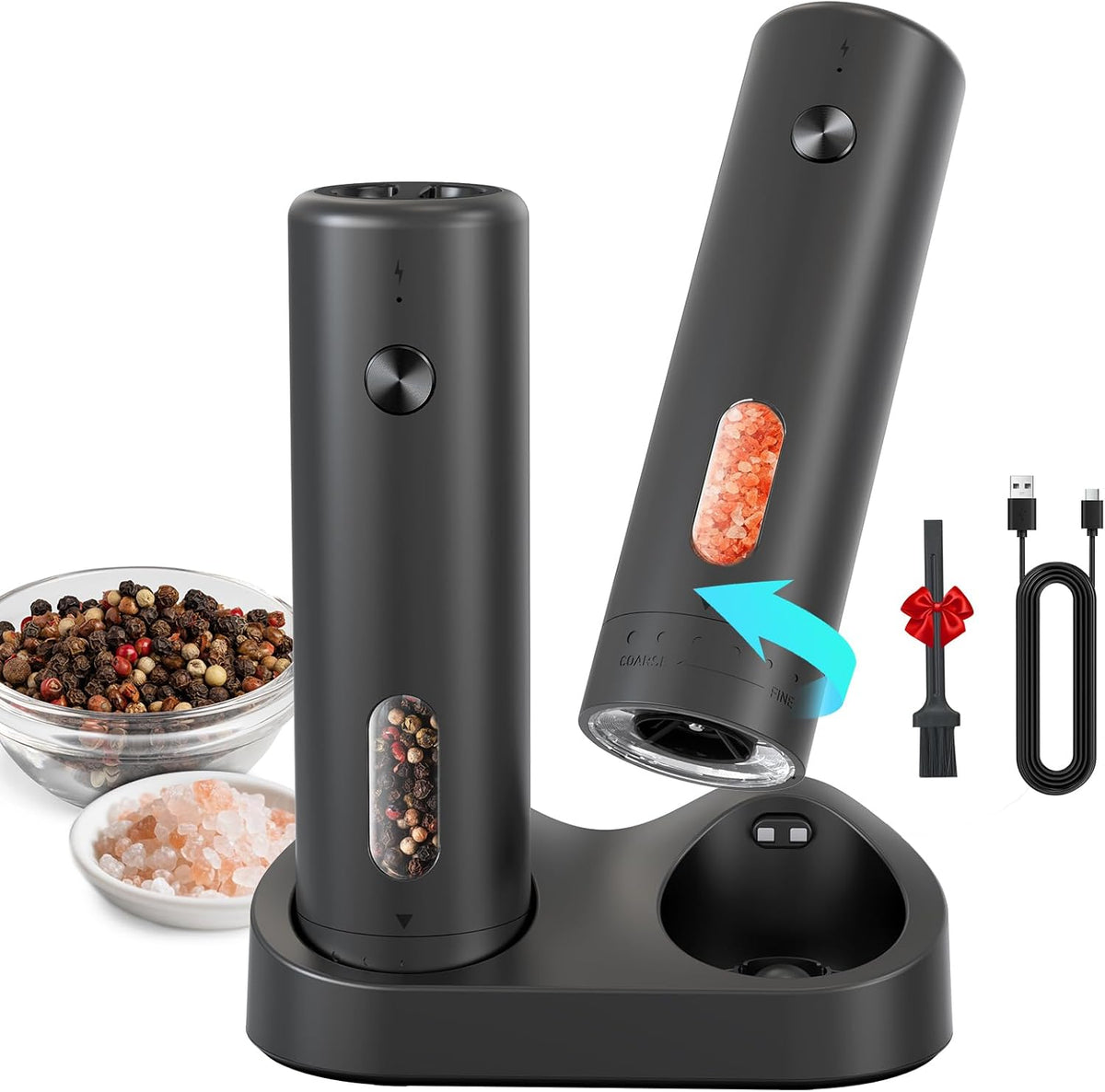 CIRCLE JOY Rechargeable Electric Salt and Pepper Grinder Set with Charging Base, Automatic Pepper Mills with 110ml Container, External Adjustable Coarseness, White Led Light, Easy to Operate, Black