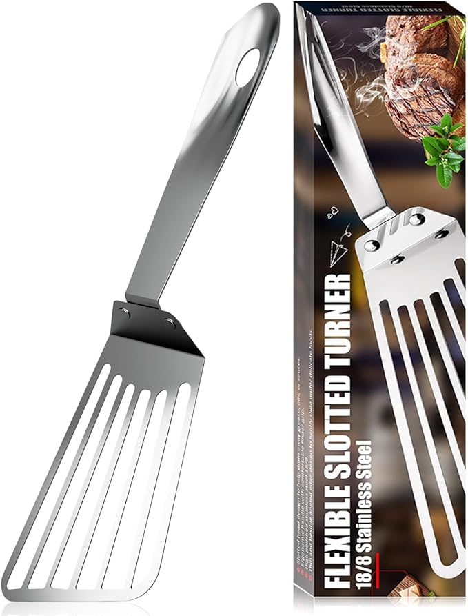 Fish Spatula Stainless Steel, Metal Fish Turner Spatula, Metal Spatulas for Kitchen Use, Thin-Edged Design Ideal for Cooking, Turning & Grilling (13 In, Silver)