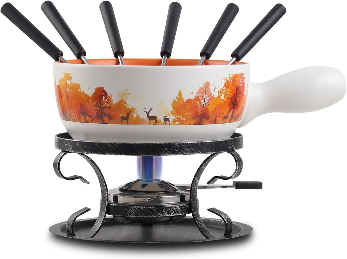 Artestia Swiss Fondue Set for Party - 2L Large Capacity Ceramic Fondue Pot Melting Cheese Chocolate, 6 Fondue Forks, Fondue Party, Wedding Gifts - Autumn Amble