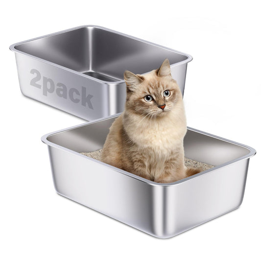 Holintan Stainless Steel Litter Box 2 Pack, Metal Cat Litter Box