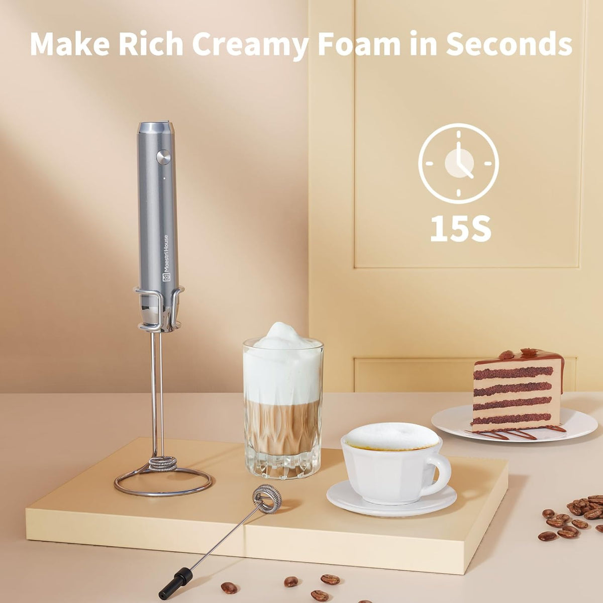 Maestri House Rechargeable Milk Frother with Stand, LunaFro Handheld Electric Foam Maker Waterproof Detachable Stainless Steel Whisk Drink Mixer Foamer for Lattes, Cappuccino