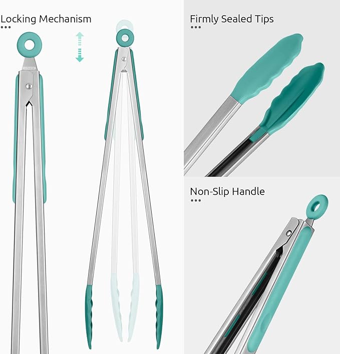 Heat Resistant Silicone Kitchen Tong: U-Taste 16 inch Extra Long Large 480ºF Hot Proof Cooking Tong with Sturdy Non Stick Rubber Tips & Non Slip Silicon Coated Steel Handle for Grilling BBQ (Aqua Sky)