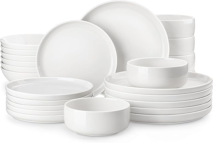 MALACASA Plates and Bowls Sets, 24 Pieces Modern Porcelain Dinnerware Set for 6 Ceramic Dishware Dishes White Kitchen Dinner Dining Ware Set Microwave and Dishwasher Safe, Series LUNA