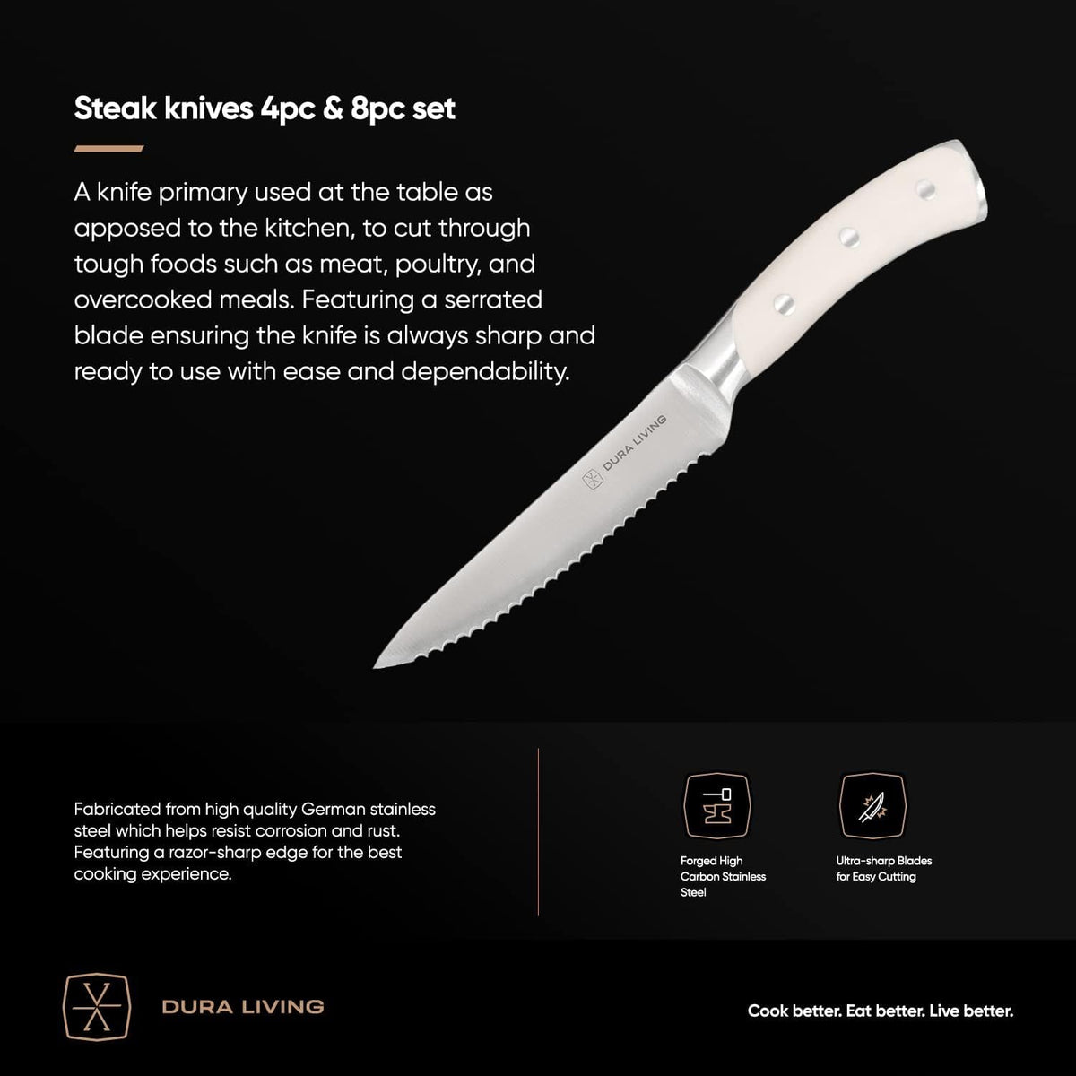 8-Piece Serrated Kitchen Steak Knife Set – Forged High Carbon Stainless Steel, Ultra Sharp, Ergonomic Black Handles, Durable Dinner Knives, Cream Handle