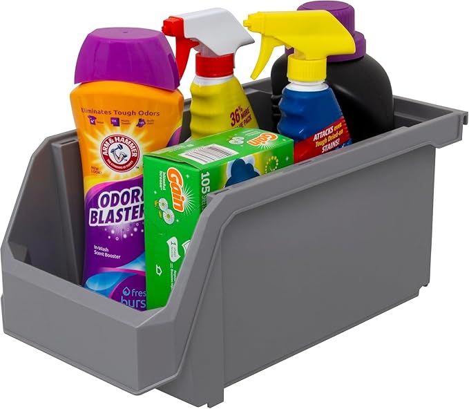 Plastic Containers for Organizing and Storage Bins for Closet, Kitchen, Office, Garage or Pantry Organization, Stackable Bins, Large (14.8" x 8" x 7"), 6-Pack, Grey