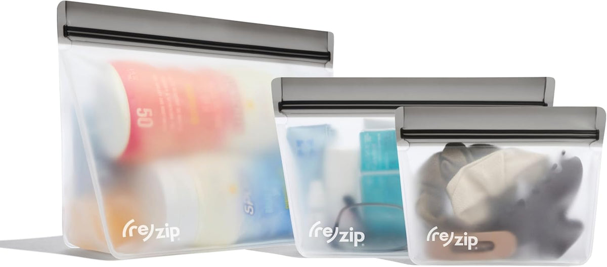 (re) zip 3-Piece Stand-Up Reusable Bag Kit | BPA-Free, Food Grade, Leakproof, Travel Friendly, Freezer and Dishwasher Safe | Quart (1), 2-Cup (1), Snack Size (1) | Gray