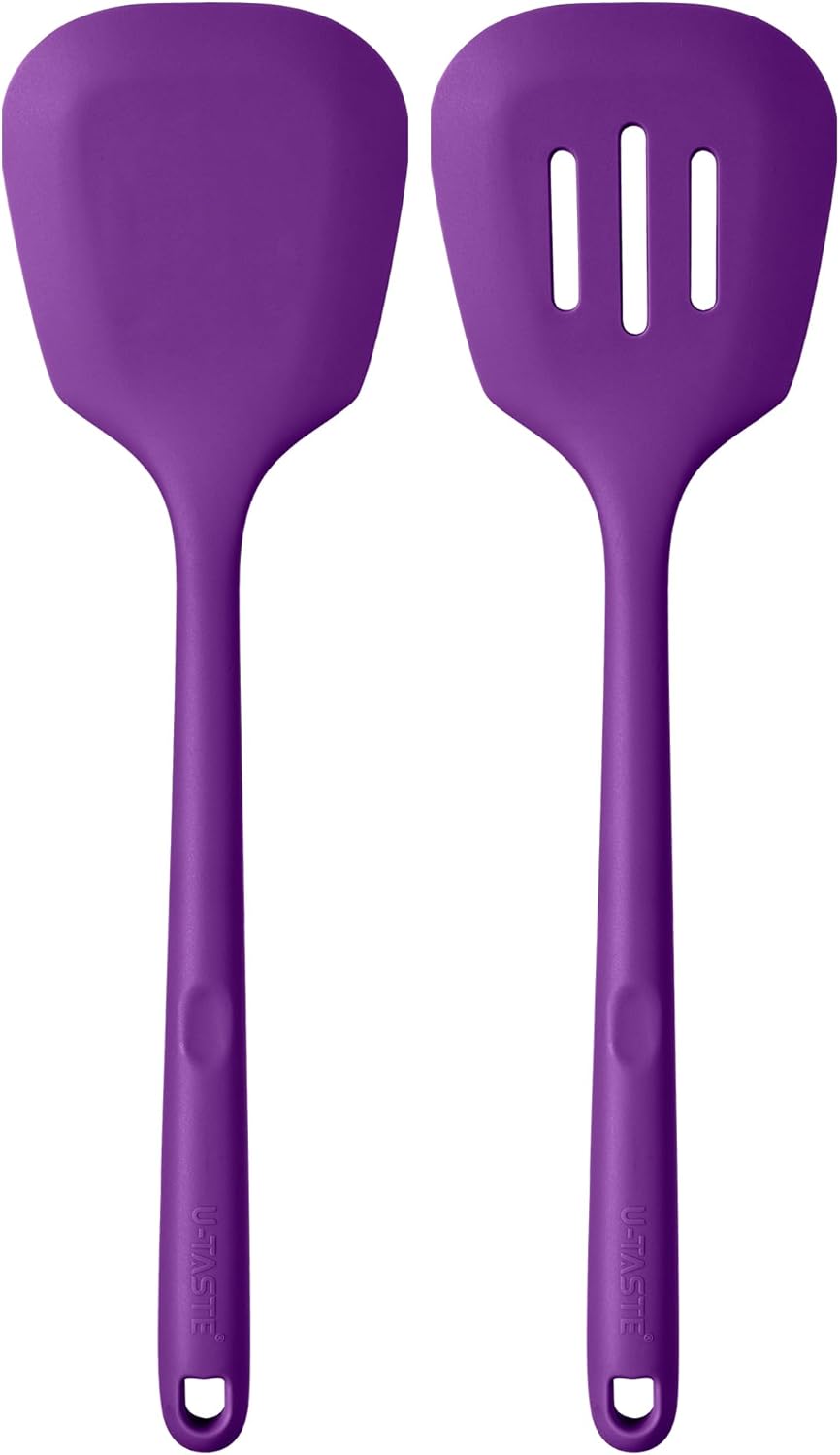 600ºF Heat Resistant Silicone Turners: U-Taste 13.6in Long Solid & Slotted Kitchen Spatula Flipper, Large Flexible Cooking Utensil for Flipping Egg, Pancake in Nonstick Cookware(Purple, 2PCS)