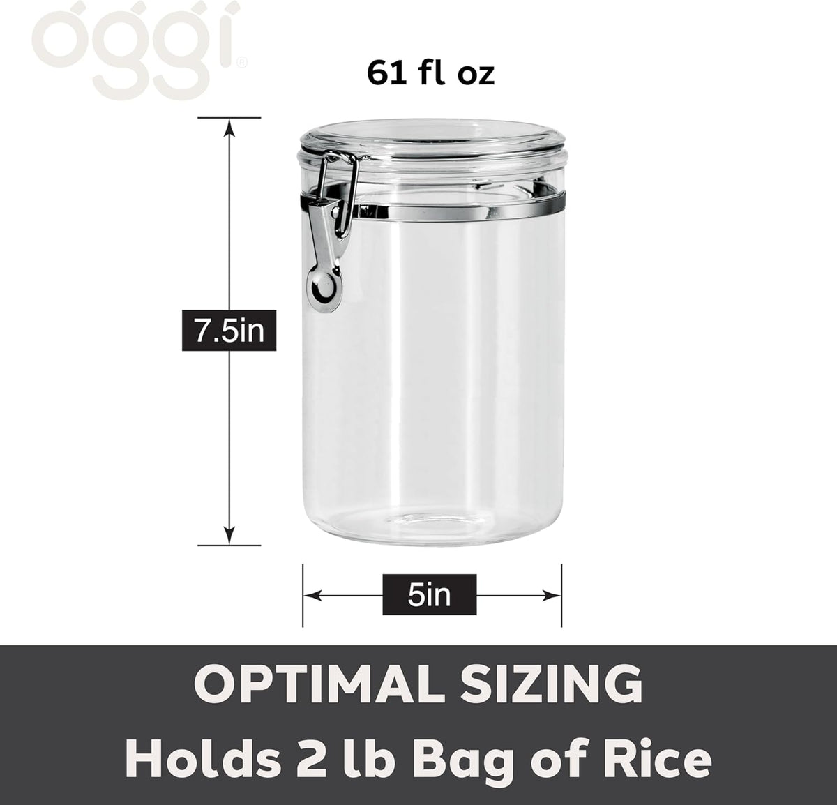 OGGI Medium-Sized Clear Canister with Clamp Lid, 61 oz - Large Airtight Food Storage Container, for Kitchen & Pantry Storage of Bulk, Dry Foods, Pasta, Flour, Sugar, Coffee, Rice, Tea, Spices & Herbs
